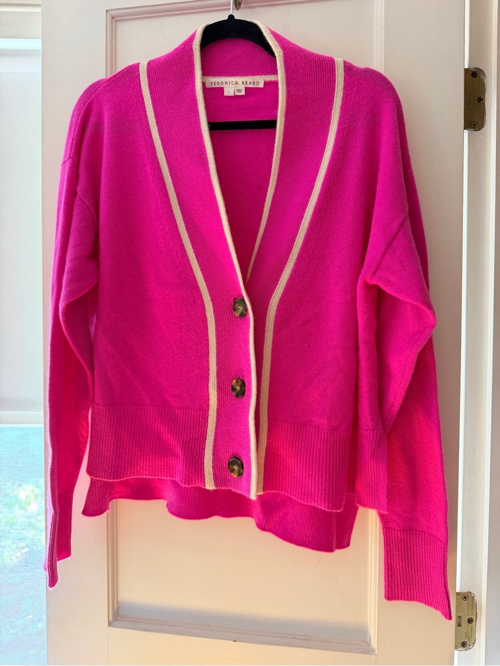 Veronica Beard Hot Pink Cashmere Cardigan with Cream Trim